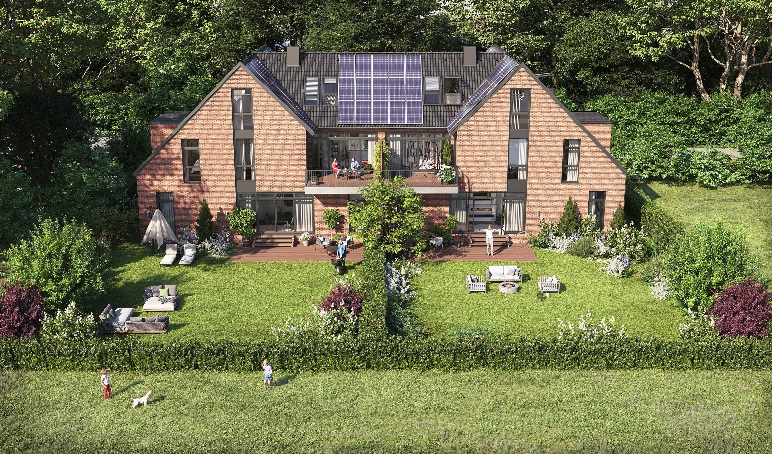 3D Außen Visualisierung eines Einfamilienhauses mit Garten und Feld, Hamburg Deutschland