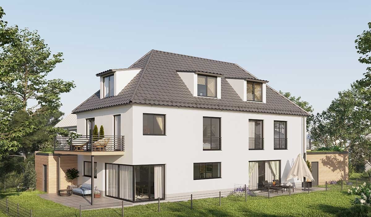 3D Exterior Visualization of the backyard view of the townhouse in Munich.