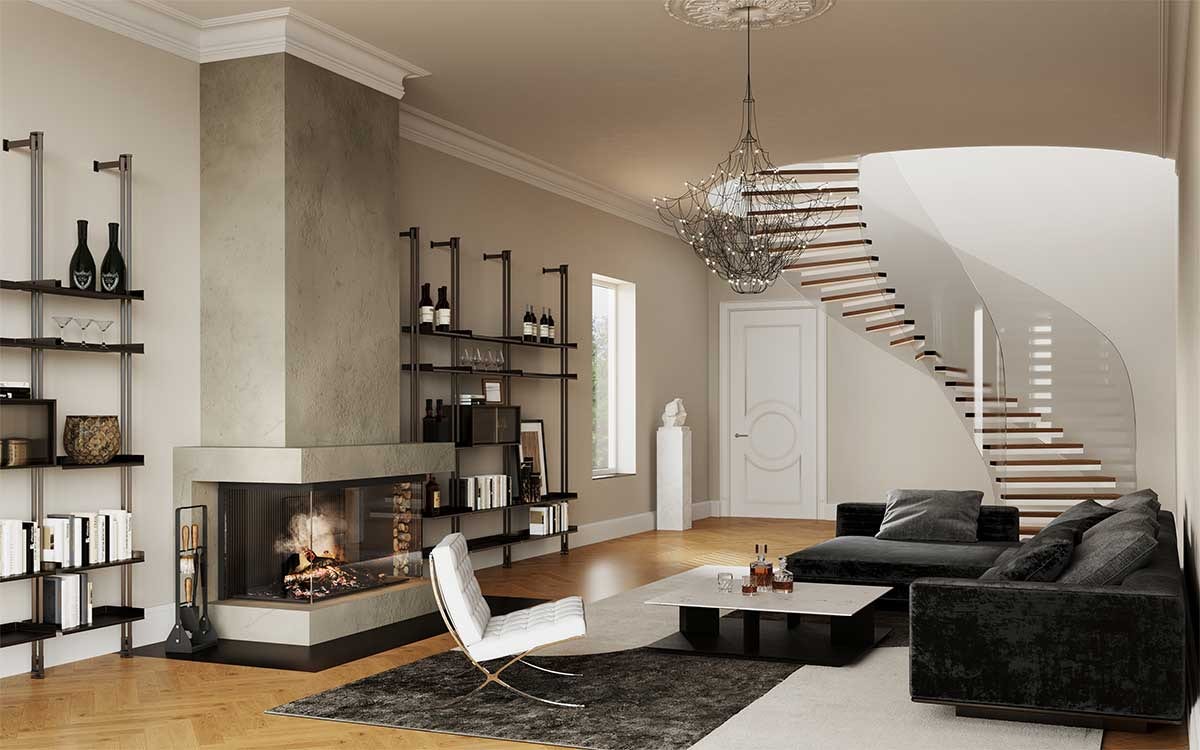 3D Interior Visualization with the design concept of a living room with the staircase and chimney of the historical property in Hamburg, Germany