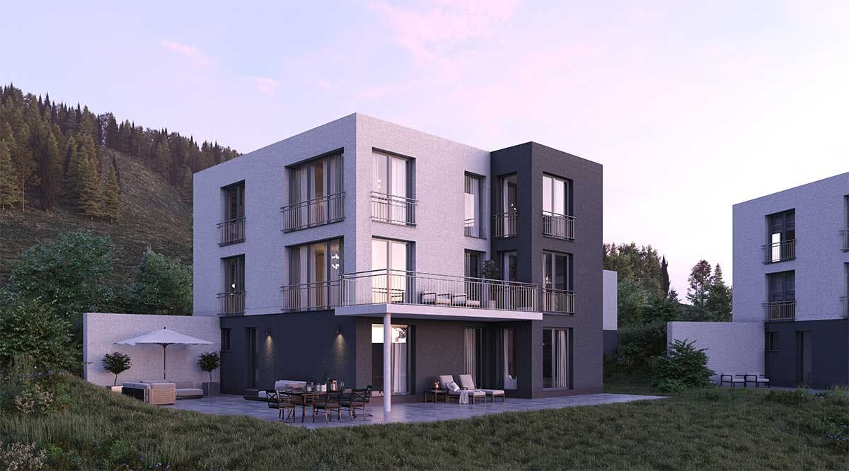 3D Exterior Visualization of the private complex of one-family houses in Germany presented in the twilight.