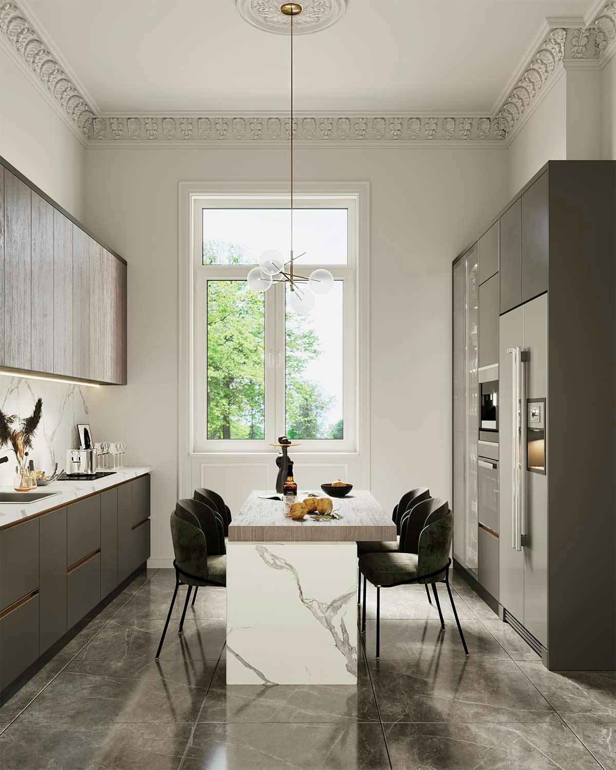 3D Interior Visualization with the design concept of a kitchen in a historic apartment in Hamburg. Image 01