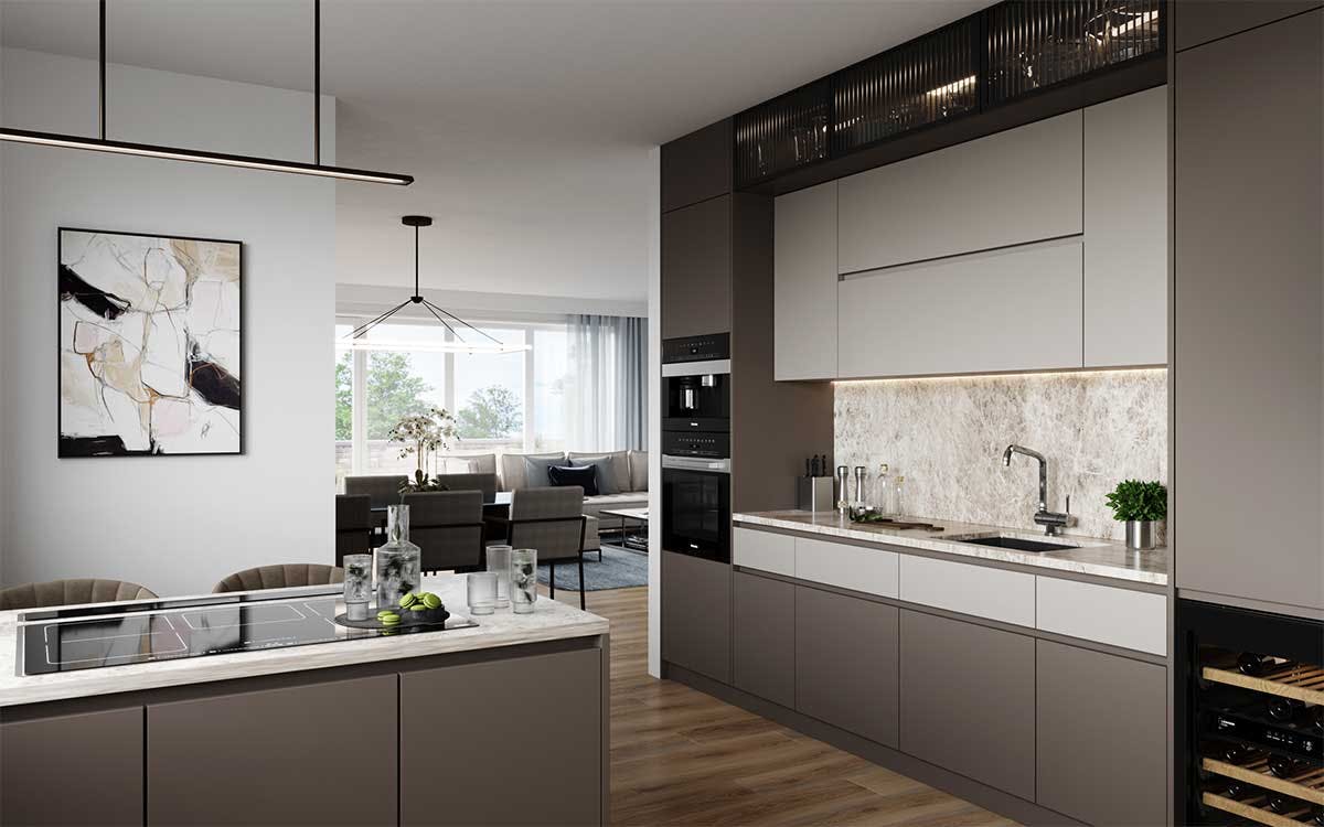 3D Interior Visualization with the interior design of a kitchen with a living room in the backgroung in Germany.
