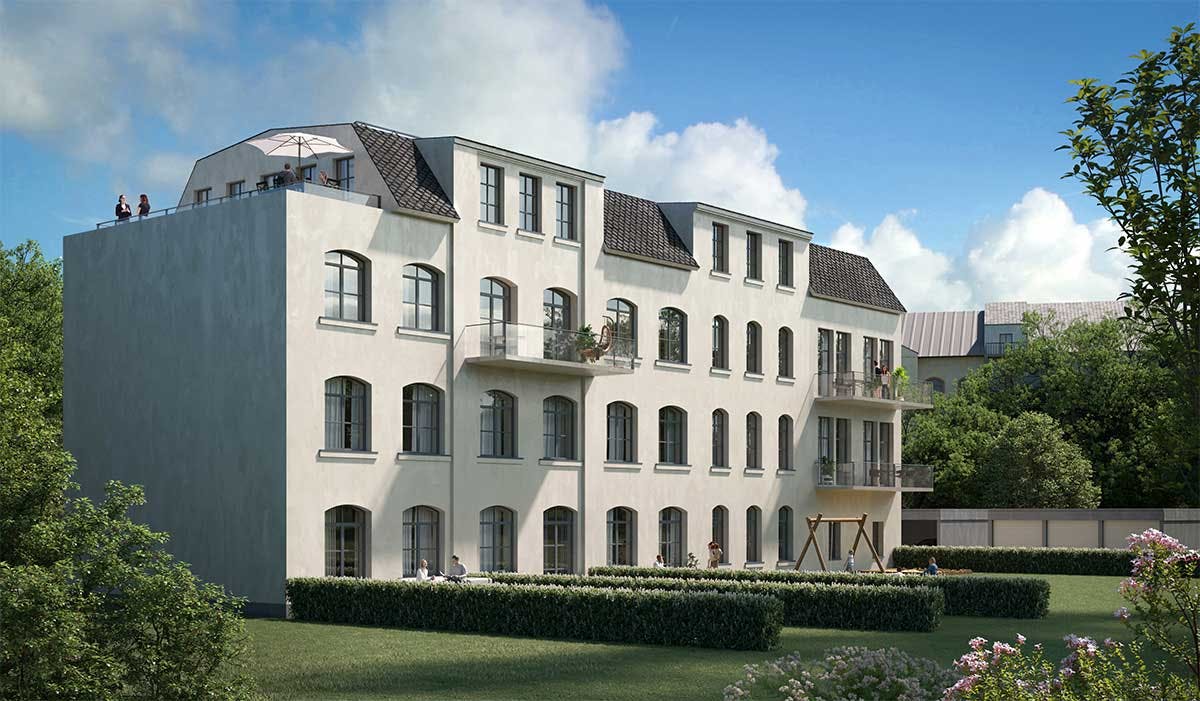 3D Exterior Visualization of the backyard of the renovated multi family house in Germany.