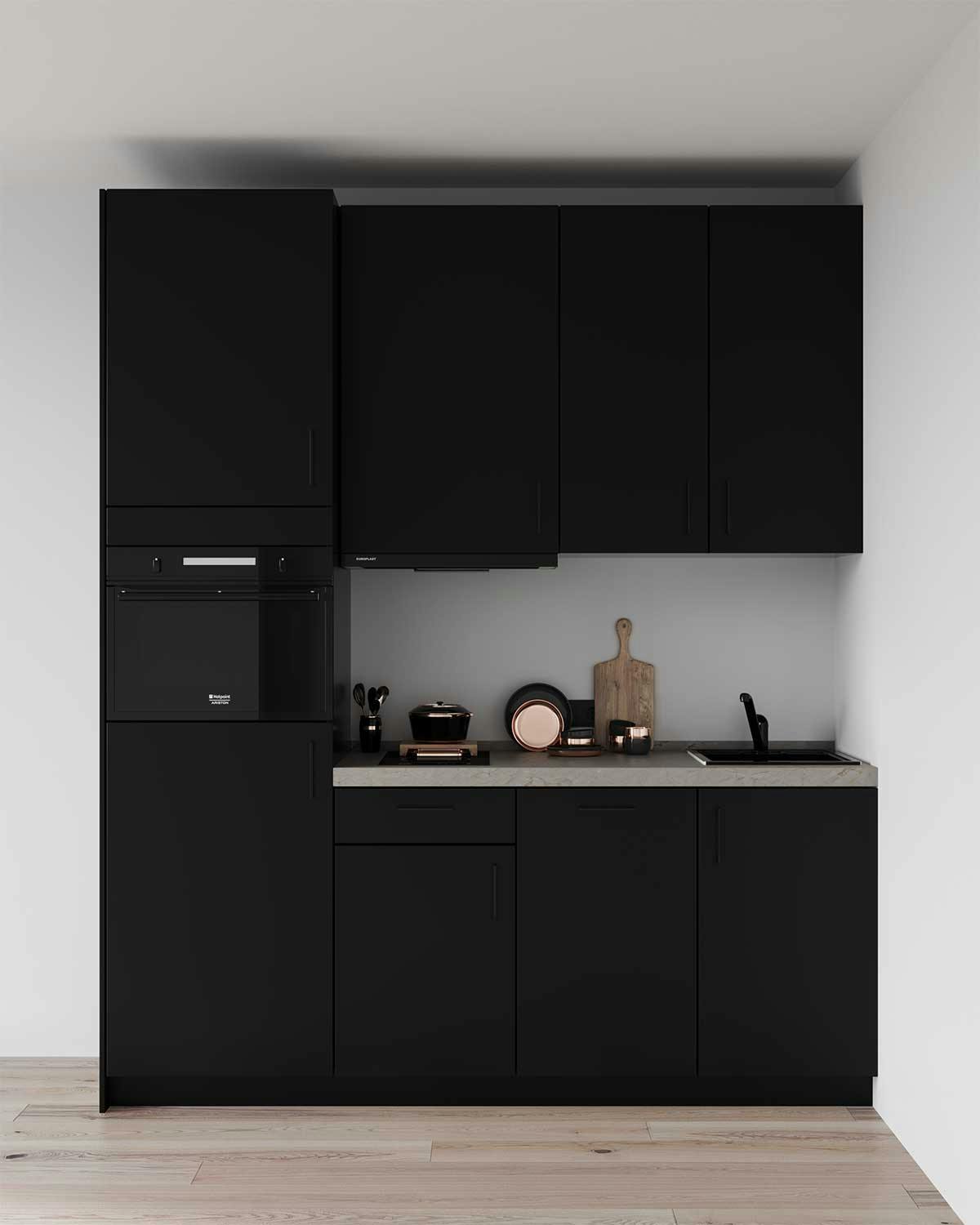 3D Furniture Visualization of the black Kitchen in apartment in Düsseldorf, Germany.