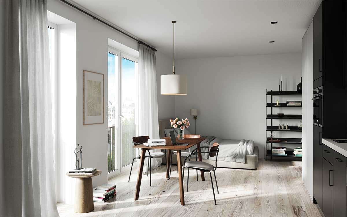 3D Furniture and Interior Visualization of the black Kitchen in new building apartment in Düsseldorf, Germany.