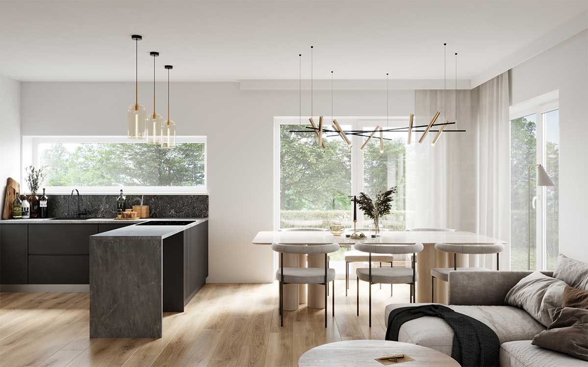 3D Interior Visualization with the design concept of a dining room and kitchen in a double house in Germany.