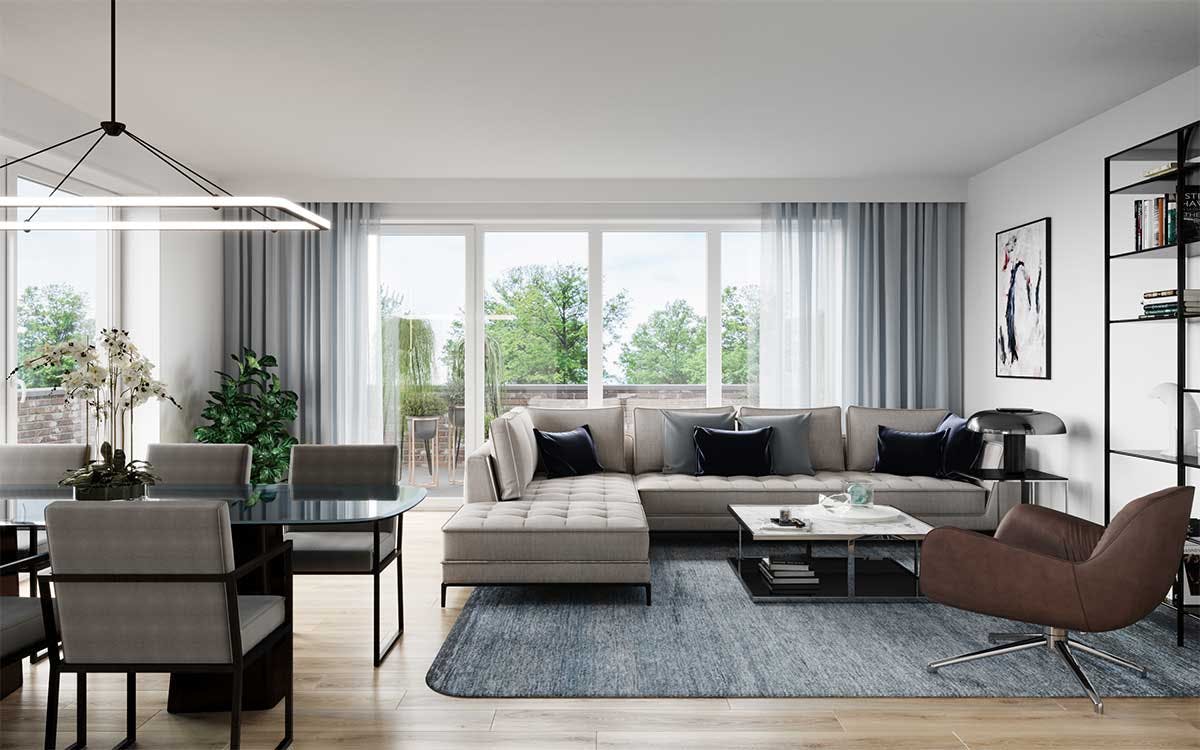 3D Interior Visualization with the interior design of a living room of the real estate in Germany.