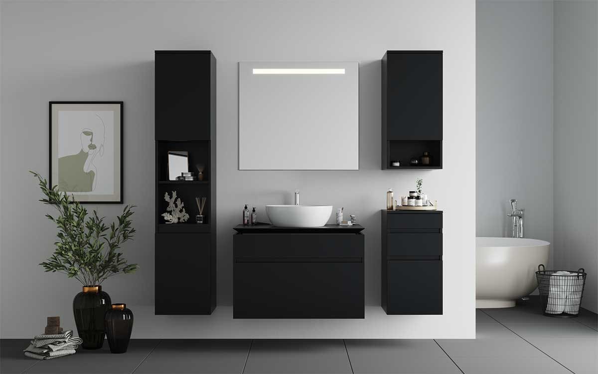 3D Visualization of anthracite Bathroom Furniture in the interioor of the bathroom in apartment in Köln, Germany.