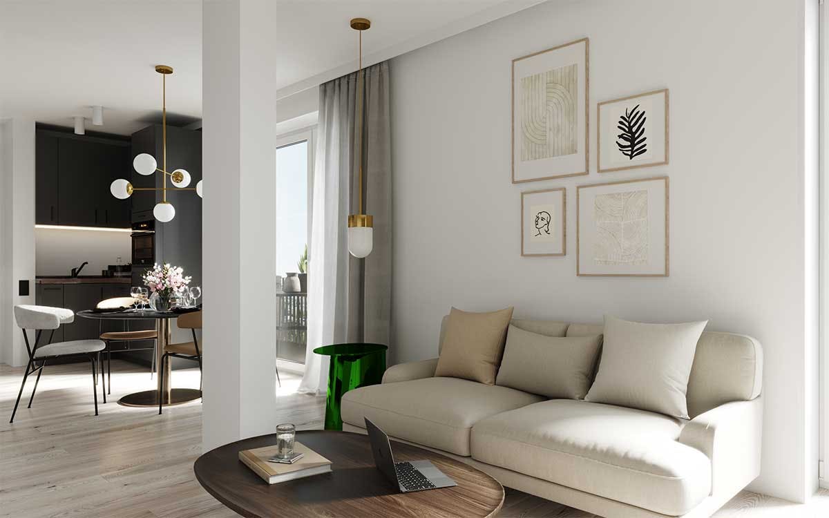 3D Interior Visualization with the interior design of a living room and dining room in a penthouse new building in Hamburg, Germany.