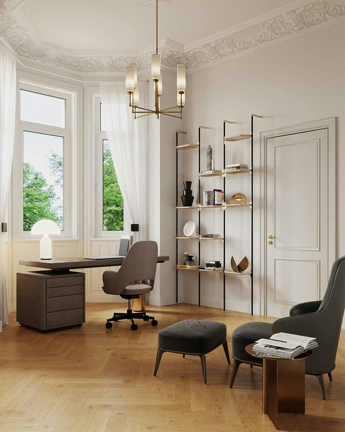 3D Interior Visualization with the design concept of an office room in a historic apartment in Hamburg.