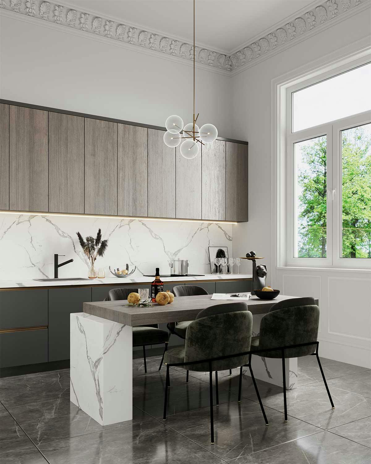 3D Interior Visualization with the design concept of a kitchen in a historic apartment in Hamburg. Image 02