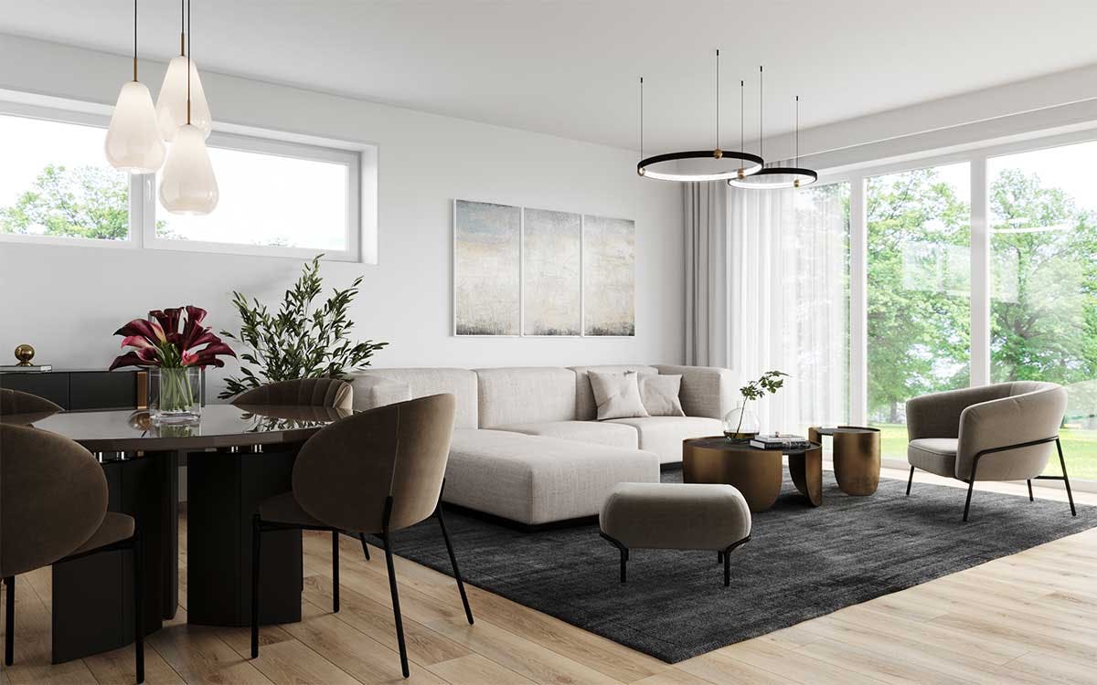 3D Interior Visualization with the design concept of a dining room and a living room in a new building in Krefeld.