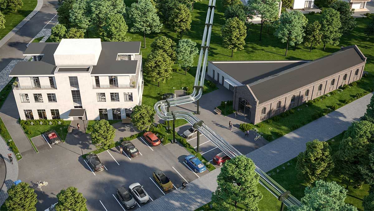 3D real estate Exterior Visualization of the office spaces in old building with reconstruction and new building with the parking lots in Germany.