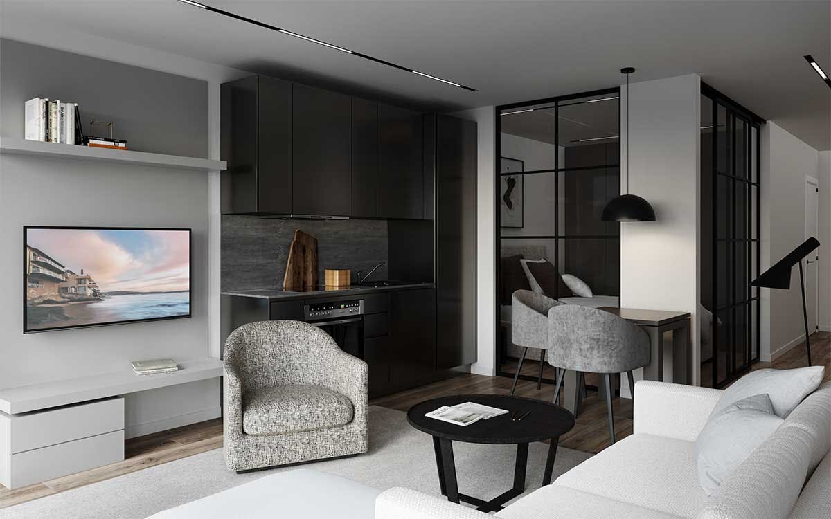 3D Interior Visualization with the interior design of a living room and dining room in a new building in Hamburg, Germany.