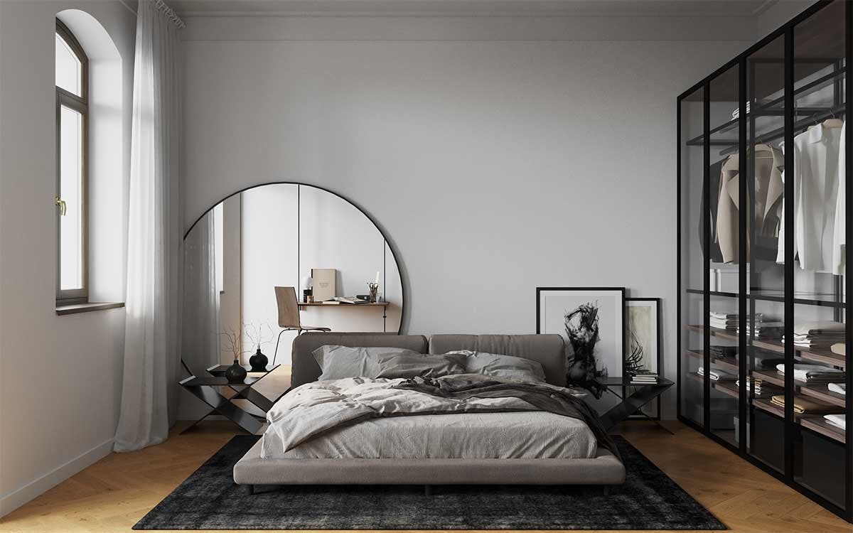 3D Visualization of the interior with the interior design concept of a master bedroom in a old building in Köln, Germany.