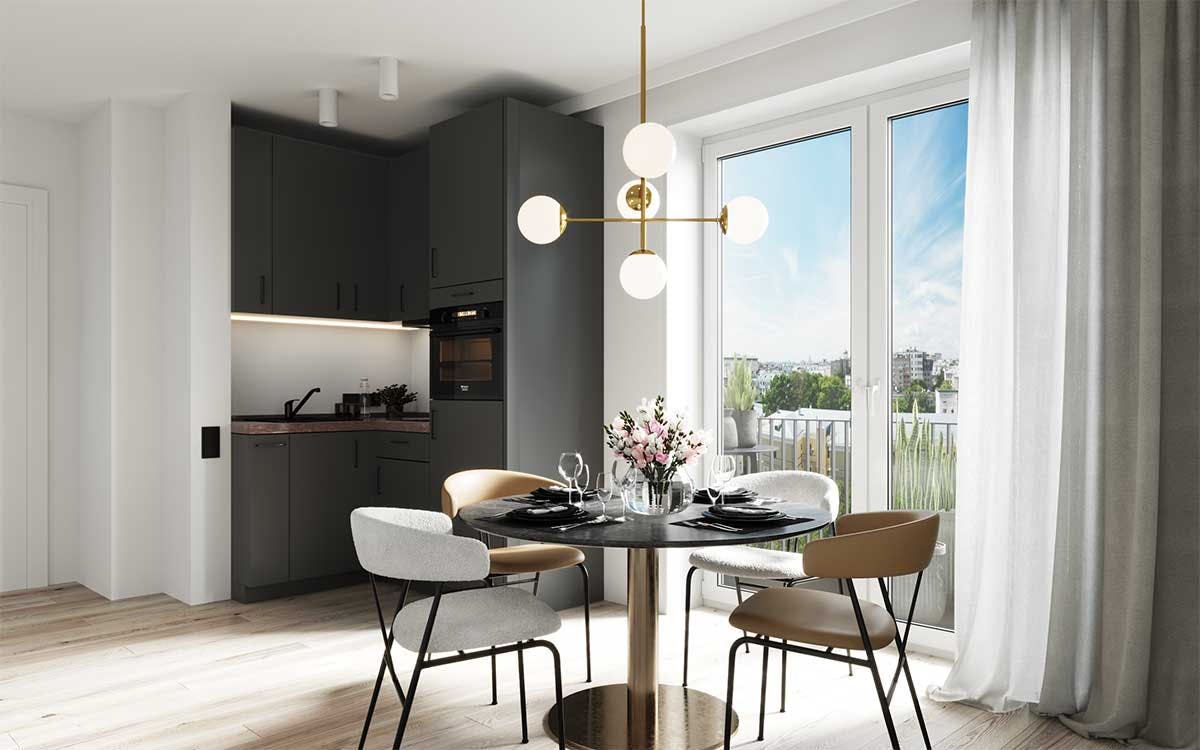 3D Product and Interior Visualization of the black Kitchen in new building apartment in Düsseldorf, Germany.