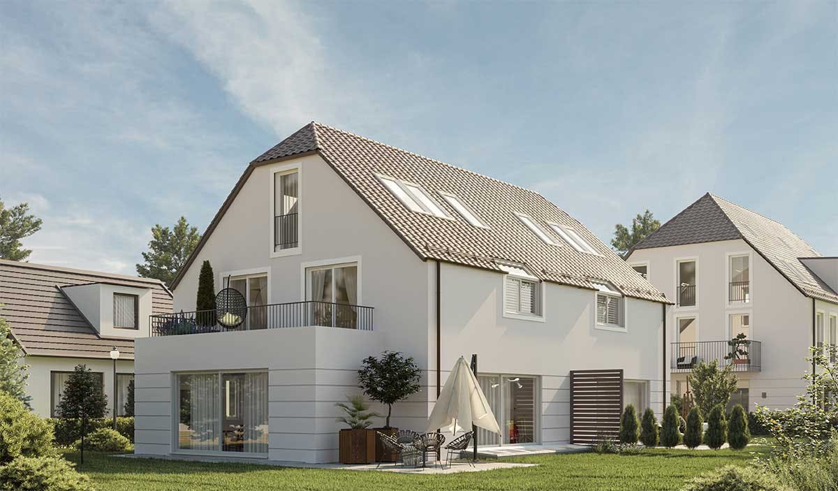3D Exterior Visualization of the backyard of the townhouse and double house in Munich.