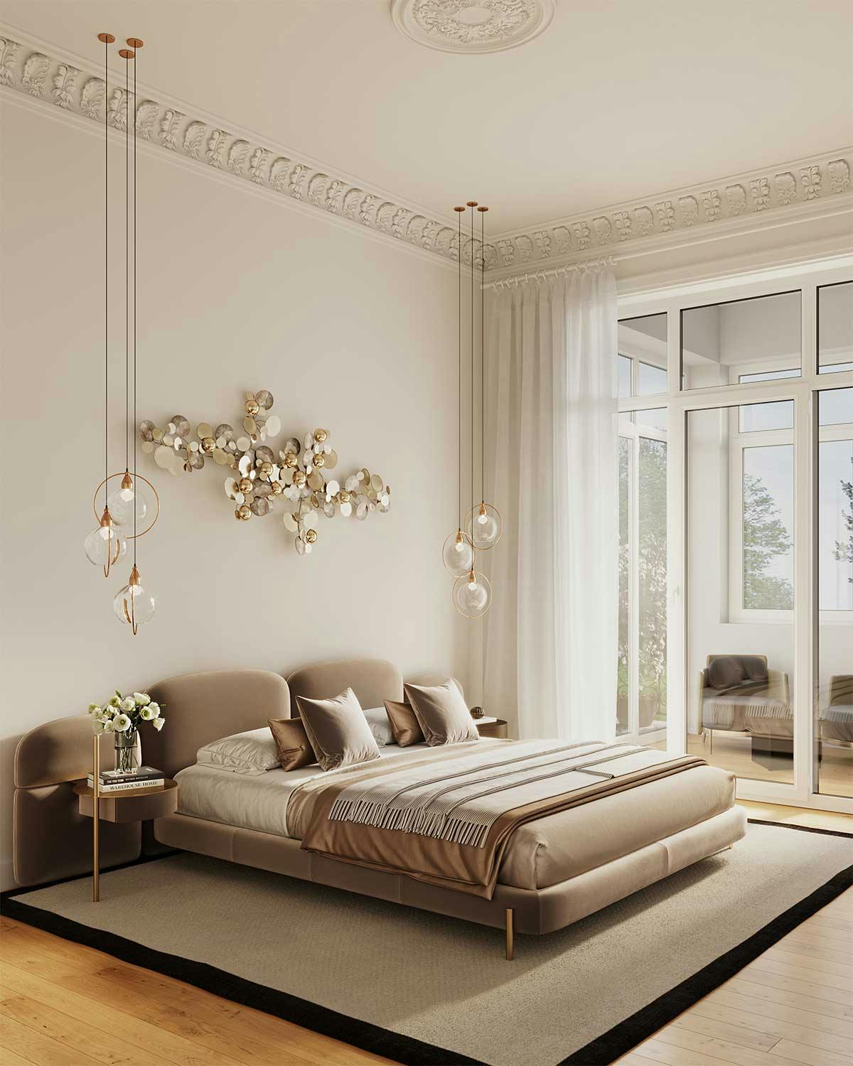 3D Interior Visualization with the design concept of a bedroom in a historic apartment in Hamburg. Image 01