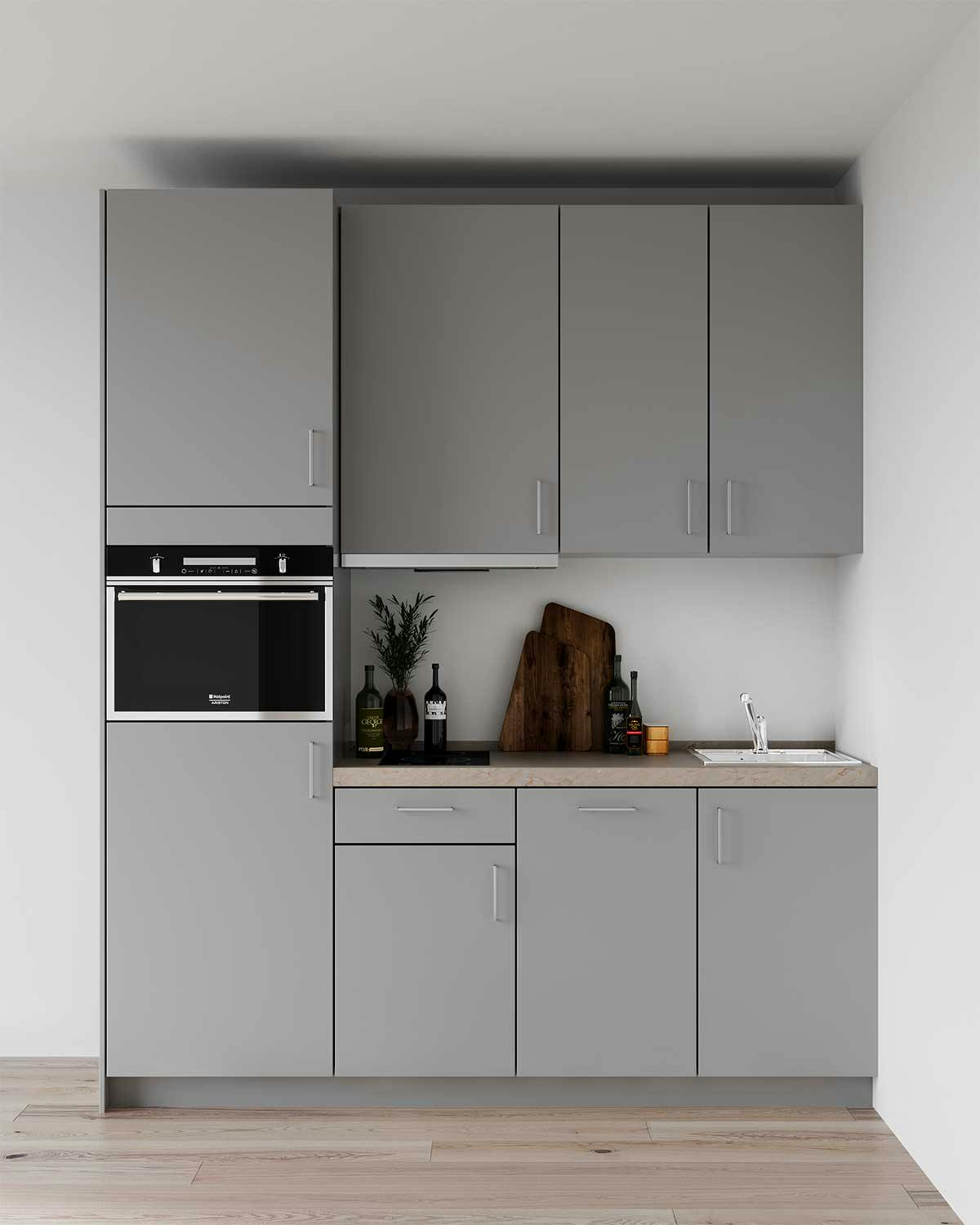 3D Product Visualization of the grey Kitchen in apartment in Frankfurt, Germany.