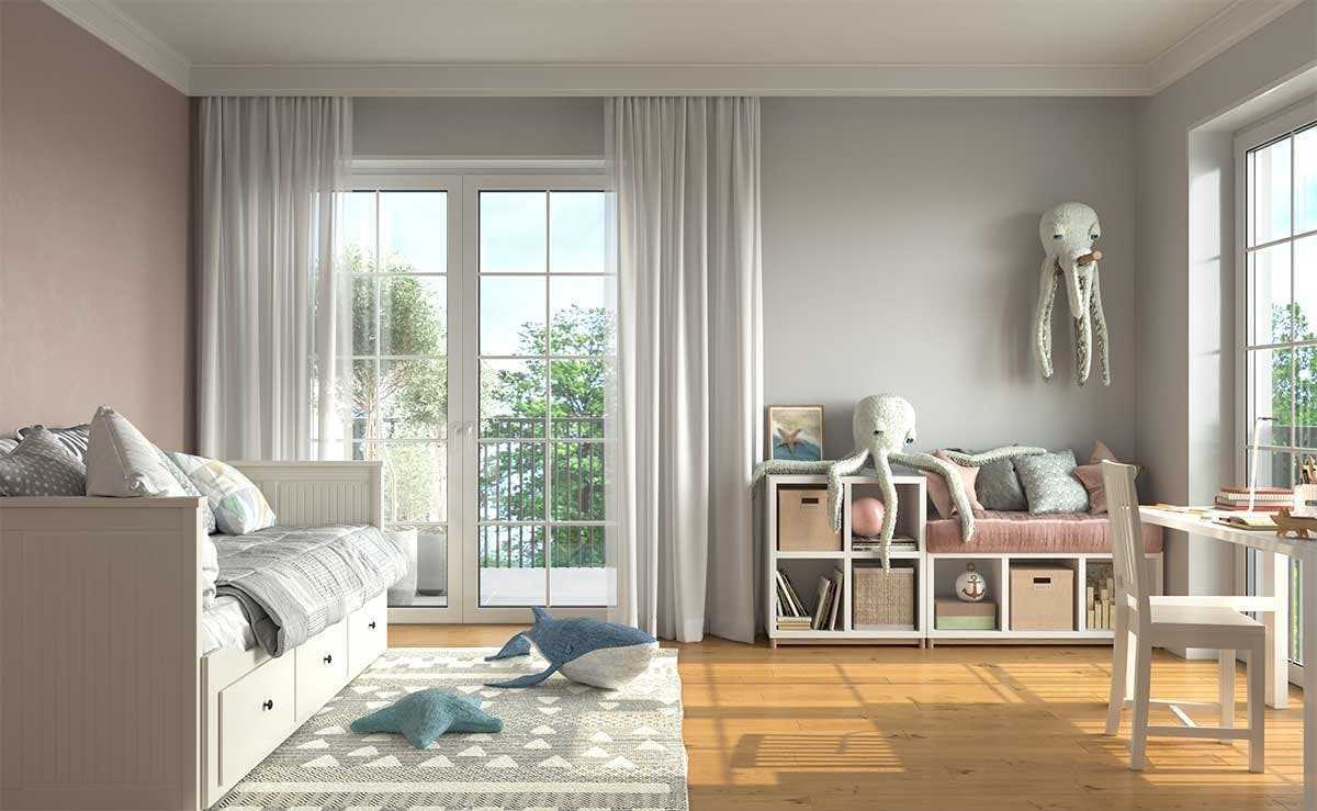 3D real estate Interior Visualization with the interior design of a kids room in a familyhouse in Haar.