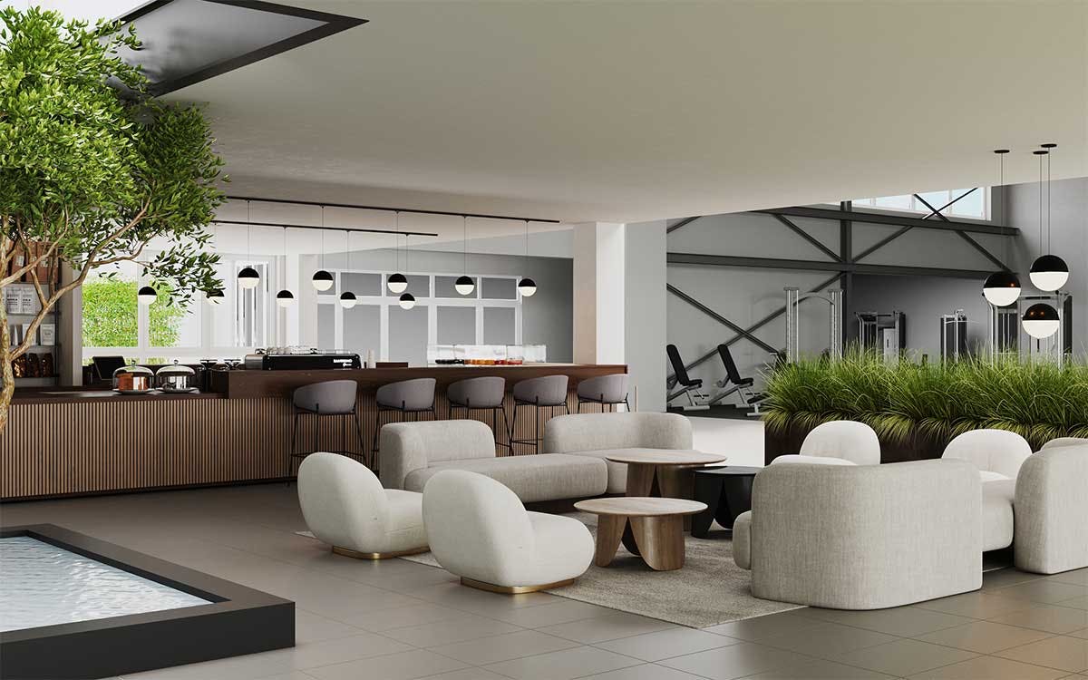 3D real estate Interior Visualization with the interior design of a lounge and fitness area in a spa complex in Munich.