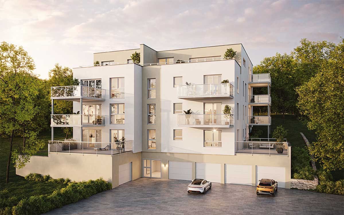 3D real estate Exterior Visualization of the multi family house with apartments with a parking spaces in Germany.