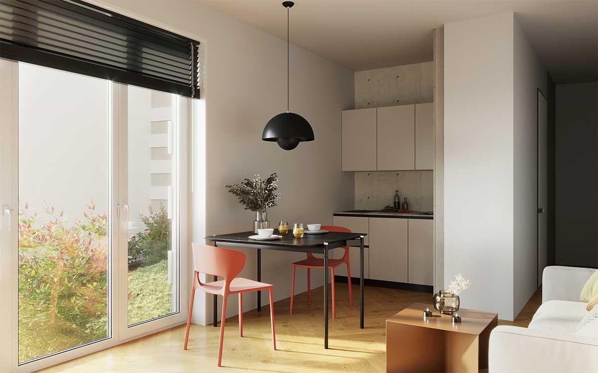 3D Interior Visualization with the design concept of a kitchen and living space of an apartment in Erlangen.