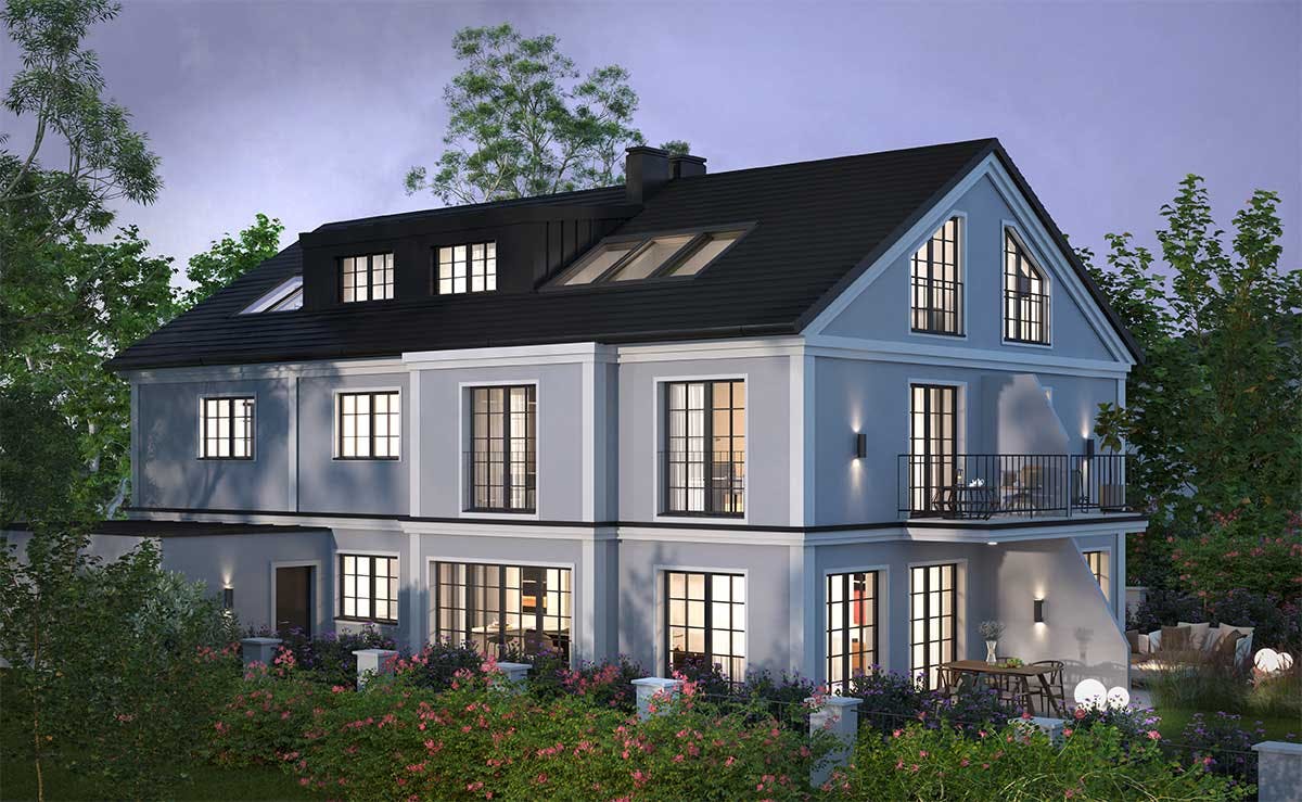 3D real estate Exterior Visualization of a side view of a two family hause with a backyard in Düsseldorf.