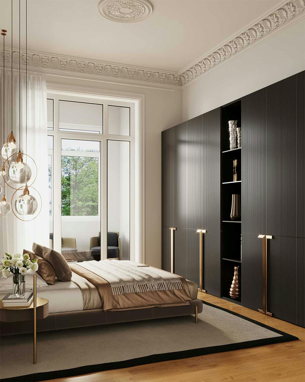 3D Interior Visualization with the design concept of a bedroom in a historic apartment in Hamburg. Image 02