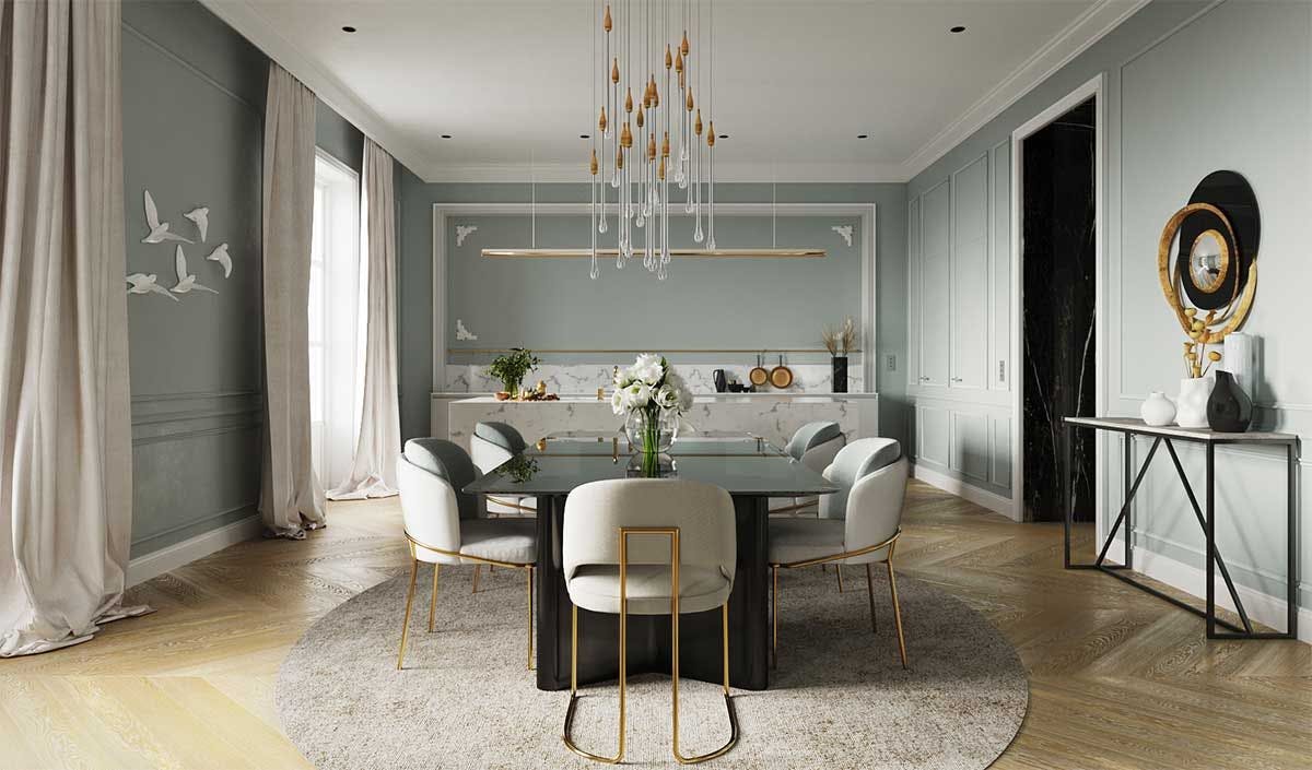 3D Visualization of the interior with the interior design concept of a dining room with the kitchen in the penthause in a old building in Berlin, Germany.