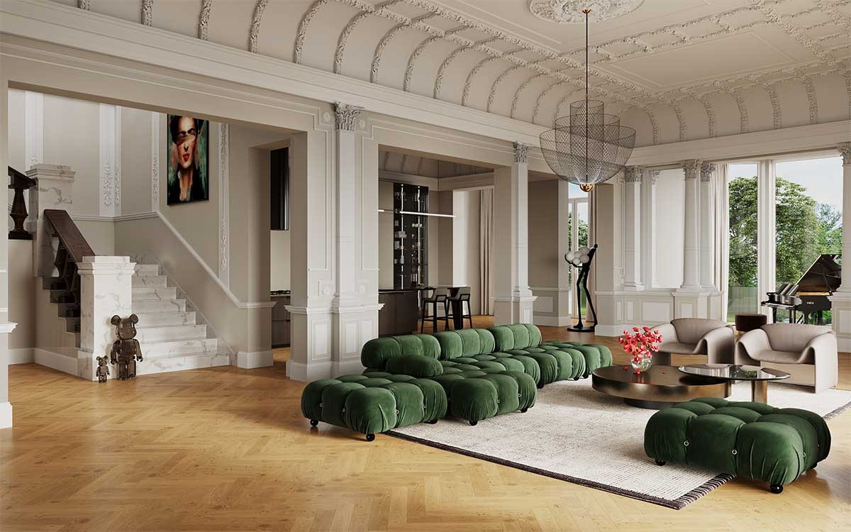 3D Interior Visualization with the design concept of a living room with the staircase and kitchen of the historical property in Hamburg, Germany