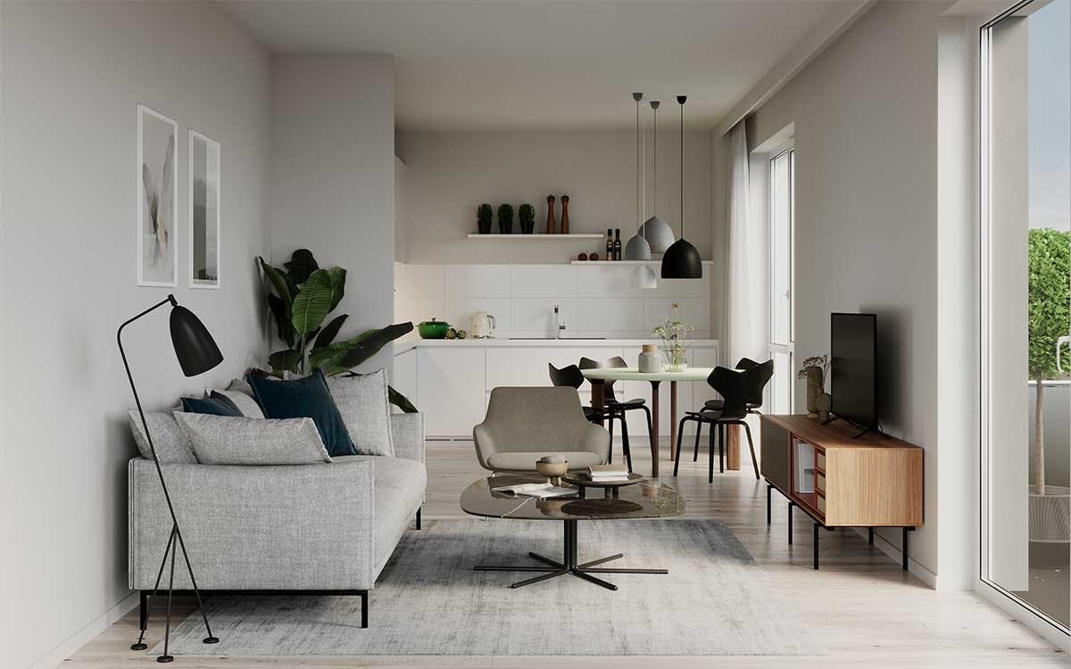 3D interior Visualization with the interior design concept of a living room with a dinig space and kitchen in the apartment in a new building in Munich, Germany.