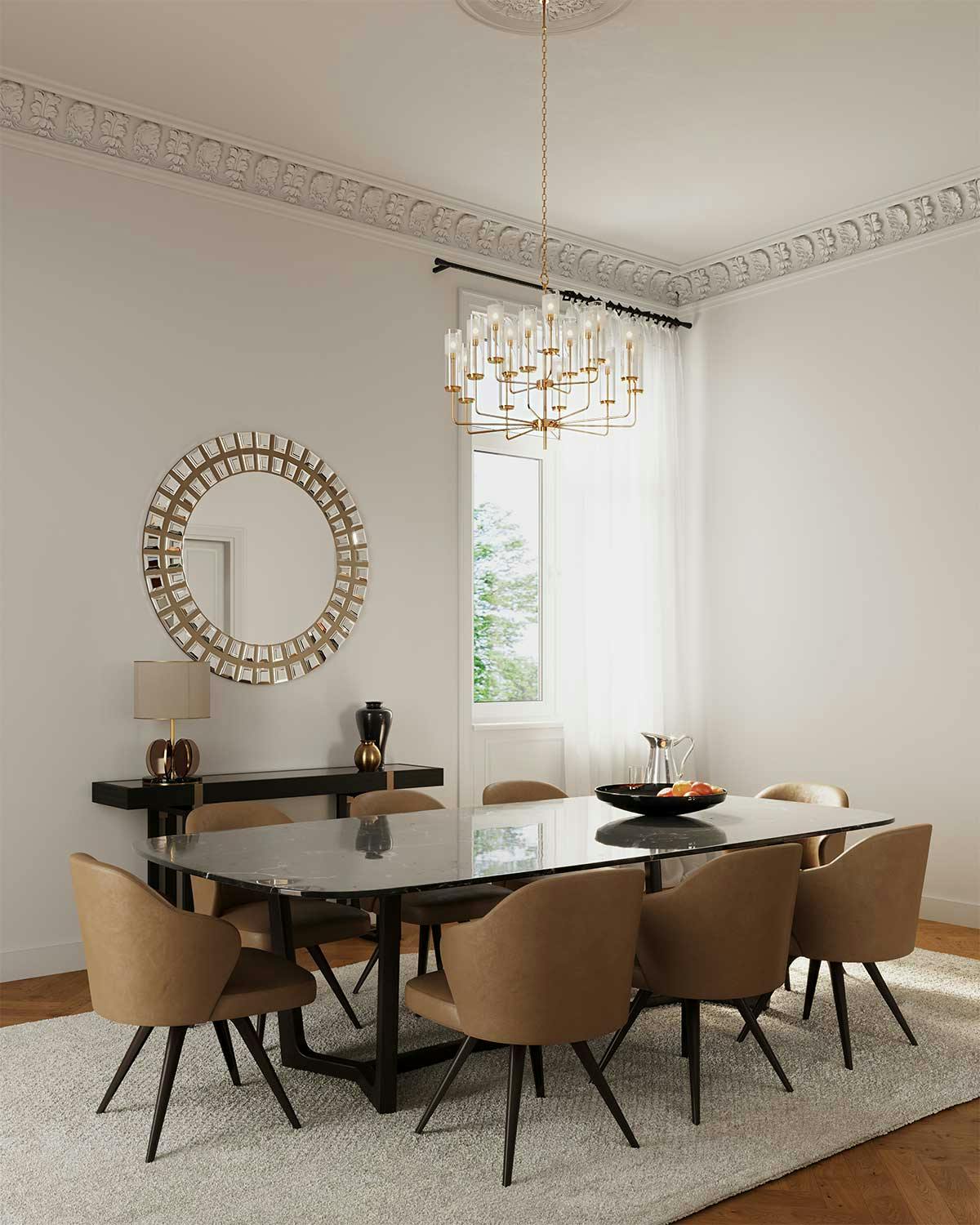 3D Interior Visualization with the design concept of a dining room in a historic apartment in Hamburg.