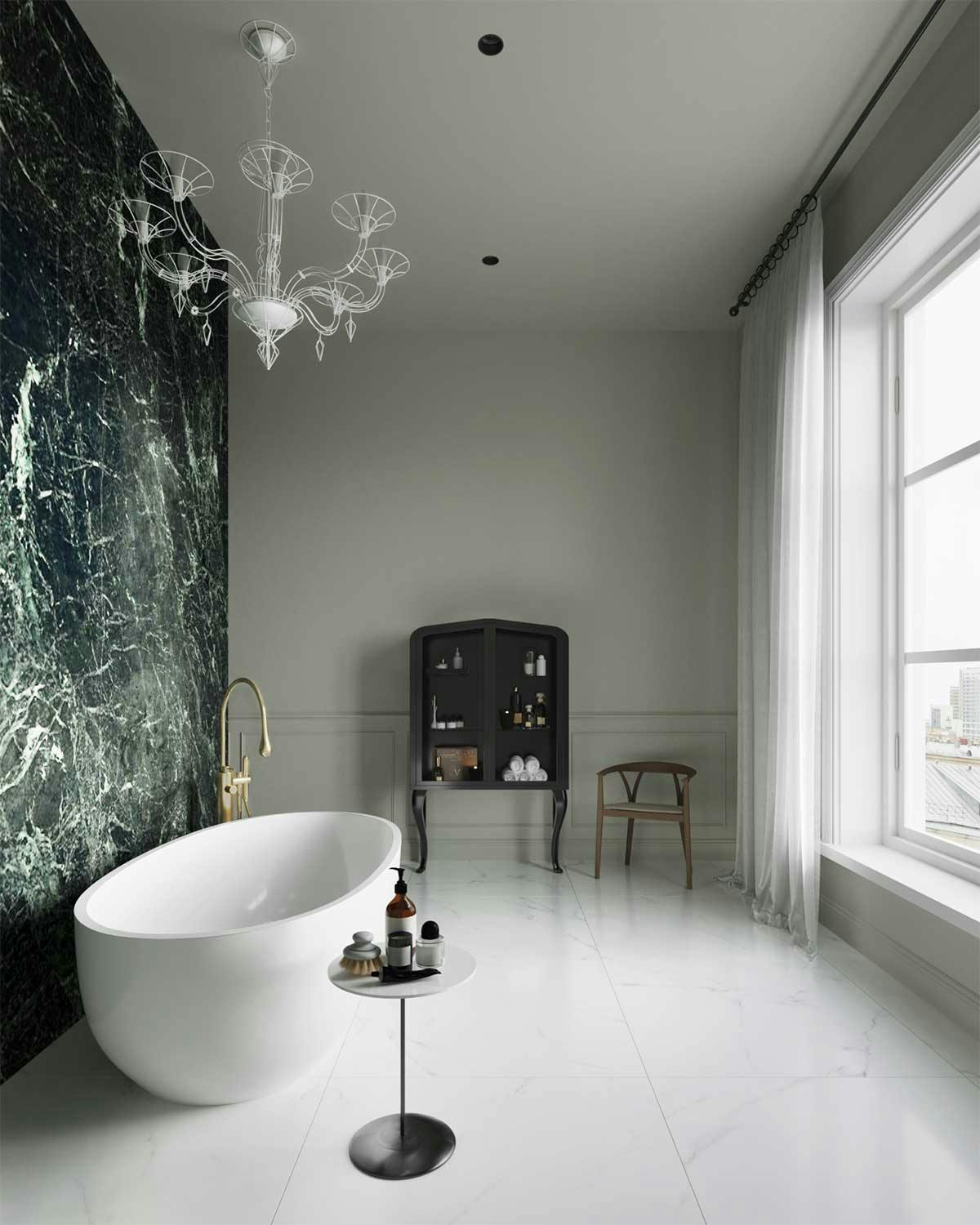 3D Visualization of the interior with the interior design concept of a master bathroom with a window in the penthause in a old building in Berlin, Germany.