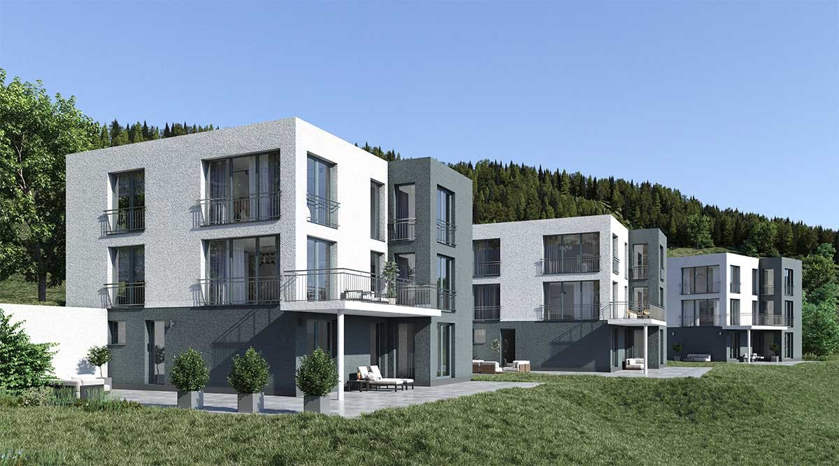 3D Exterior Visualization of the private complex of one-family houses in Germany presented in daylight. Image 02