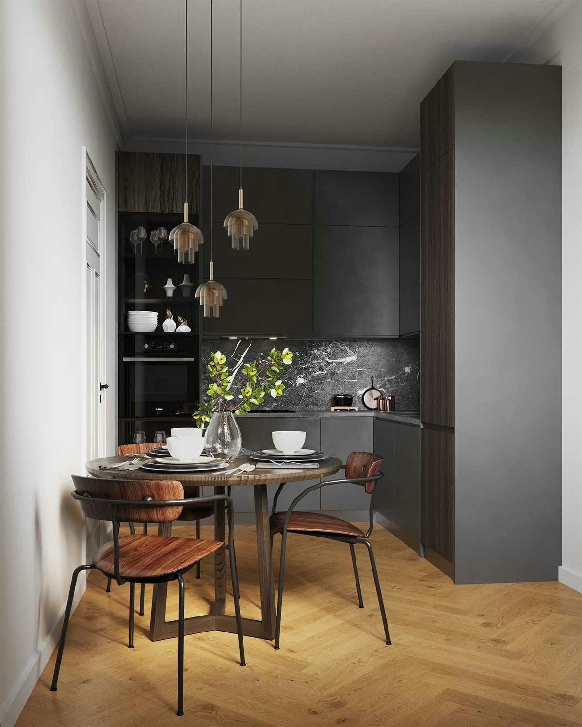 3D Visualization of the interior and product with the interior design concept of a anthracite kitchen in a old building in Köln, Germany.