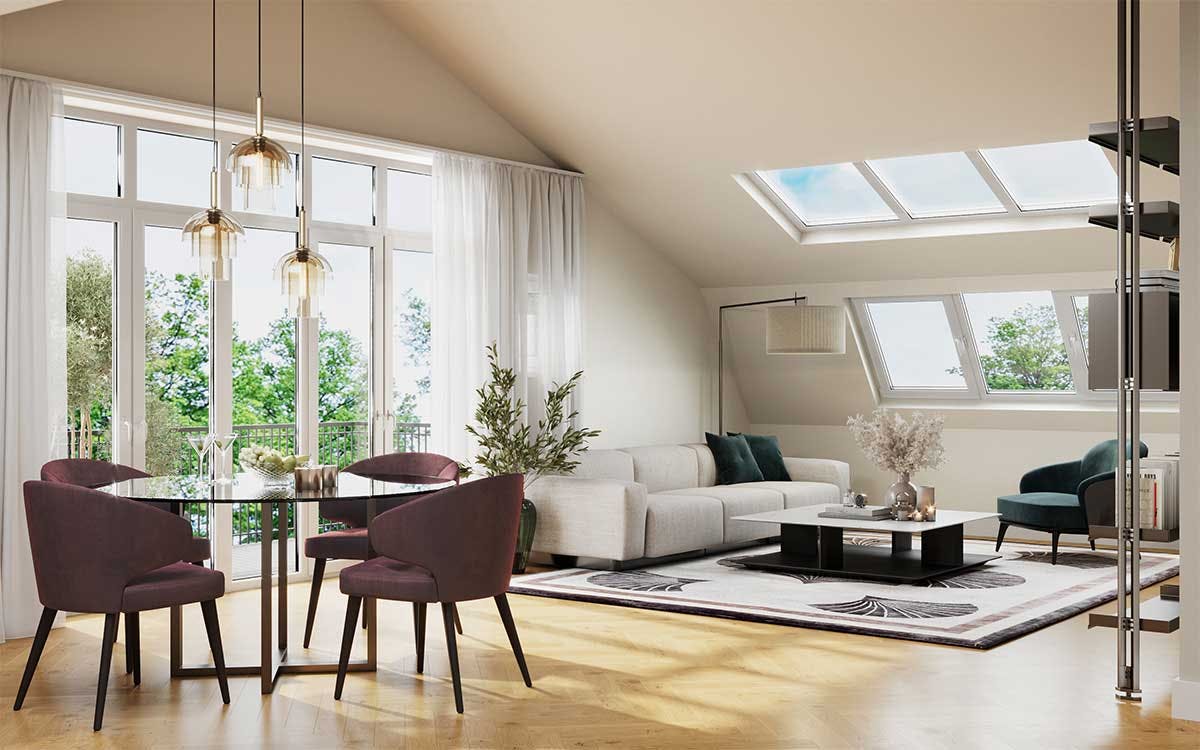 3D Visualization of the interior with the interior design concept of a living room with a dining room on a roof floor in a new building in Dortmund, Germany.