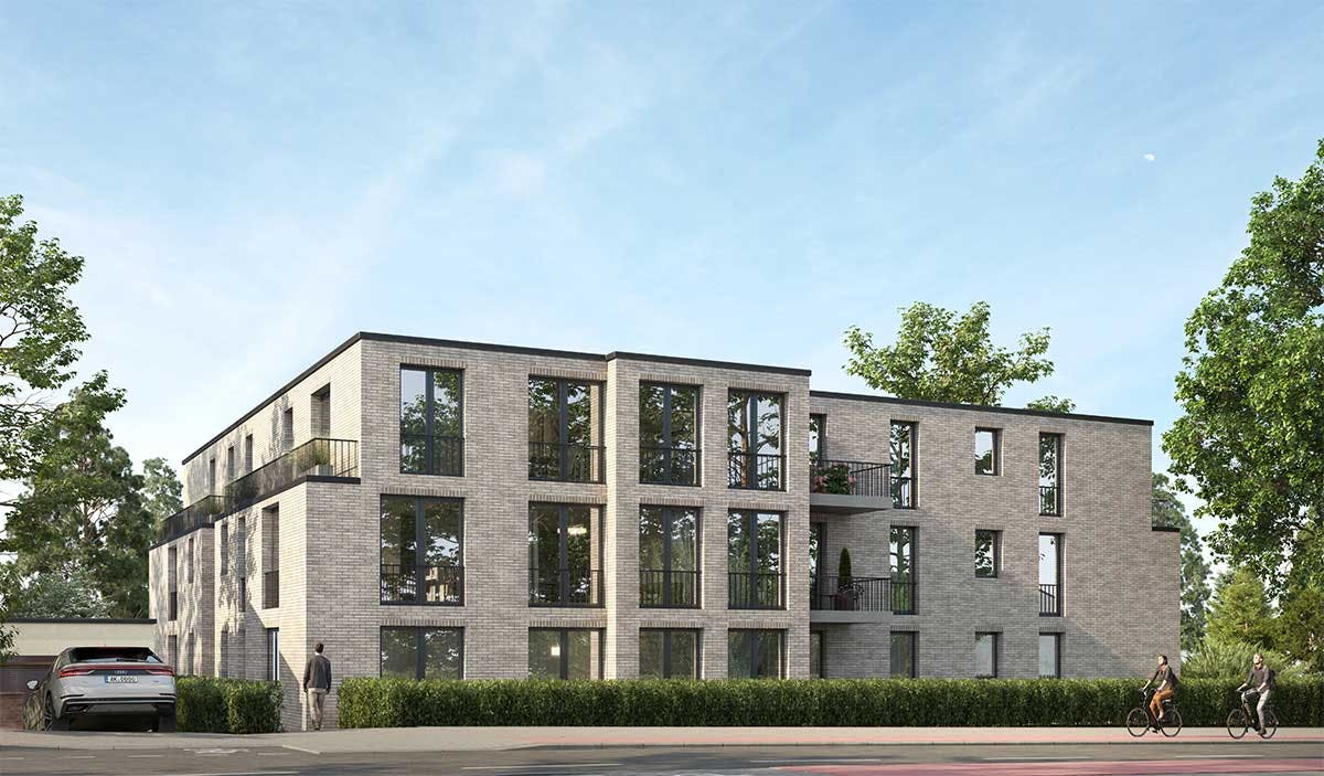 3D Exterior Visualization of the front view of the multifamily house in Hamburg.