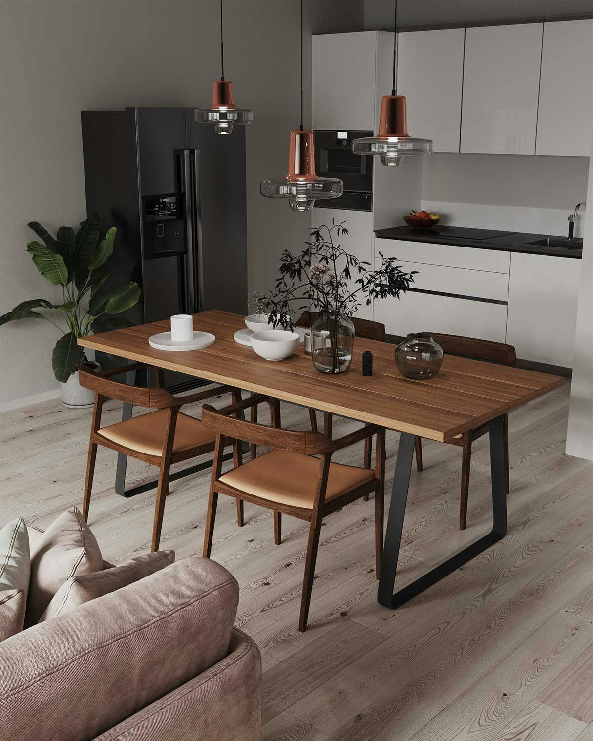 3D Interior Visualization with the interior design of a dining room with a kitchen of the real estate in Berlin.