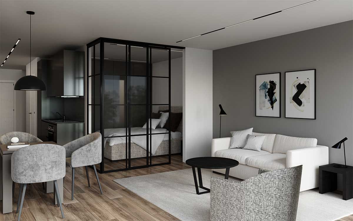 3D Visualization of the interior and furniture with the interior design concept of a living room and dining room in a new building in Hamburg, Germany.
