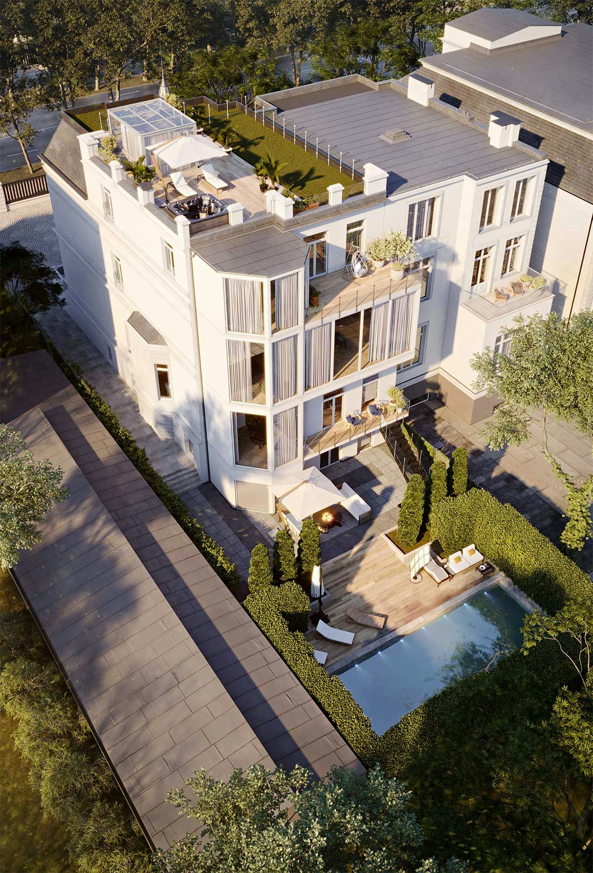 3D Exterior Visualization of the historical property with a backyard and swimming pool in Hamburg, Germany