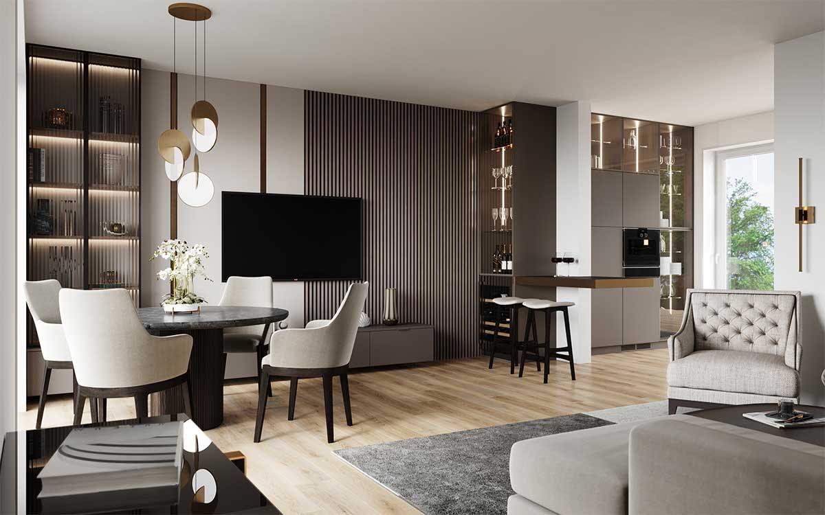 3D Interior Visualization with the design concept of a living room and a dining room in a building in Krefeld.