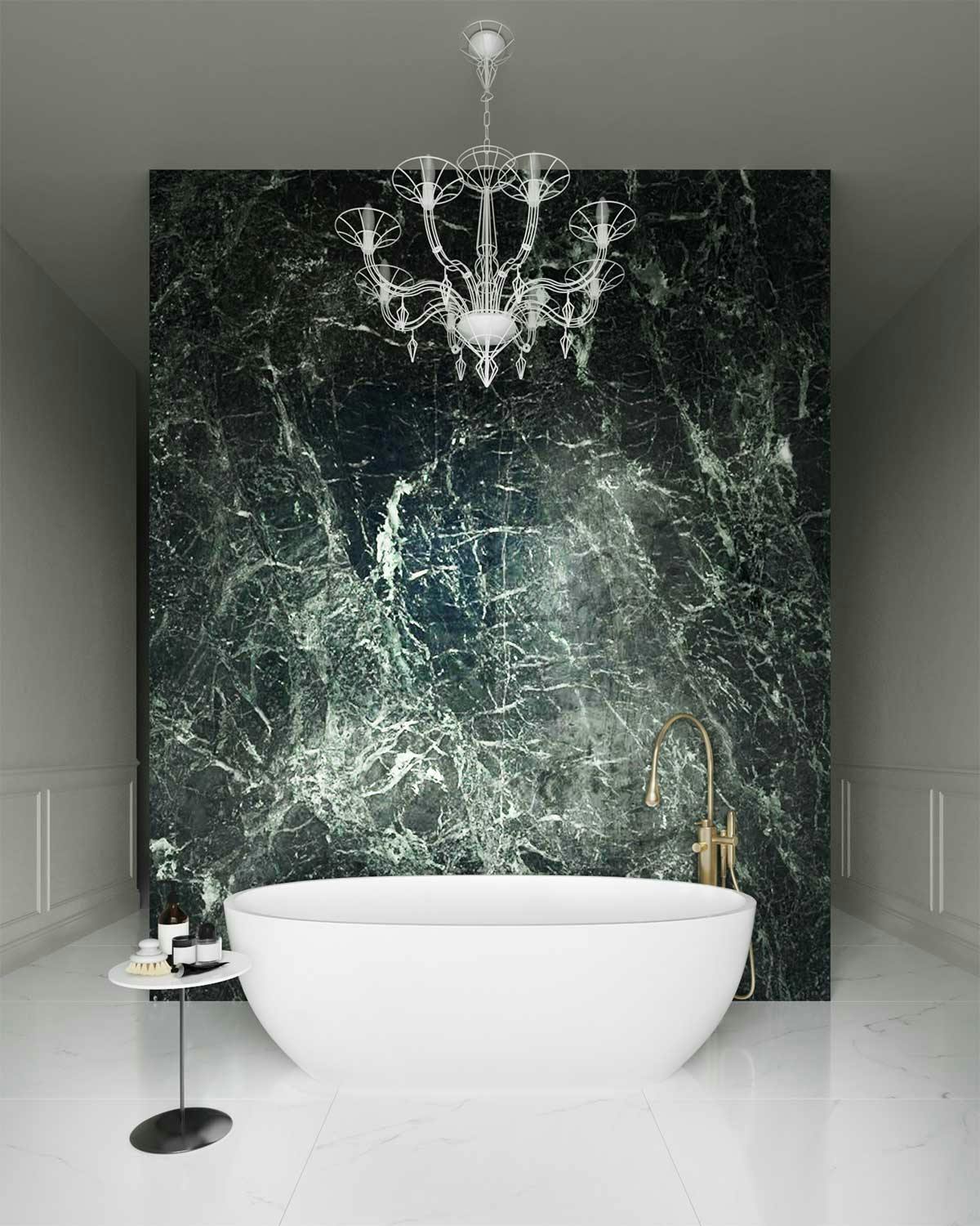 3D real estate Visualization of the interior with the interior design concept of a master bathroom with a green marble wall in the penthause in a old building in Berlin, Germany.