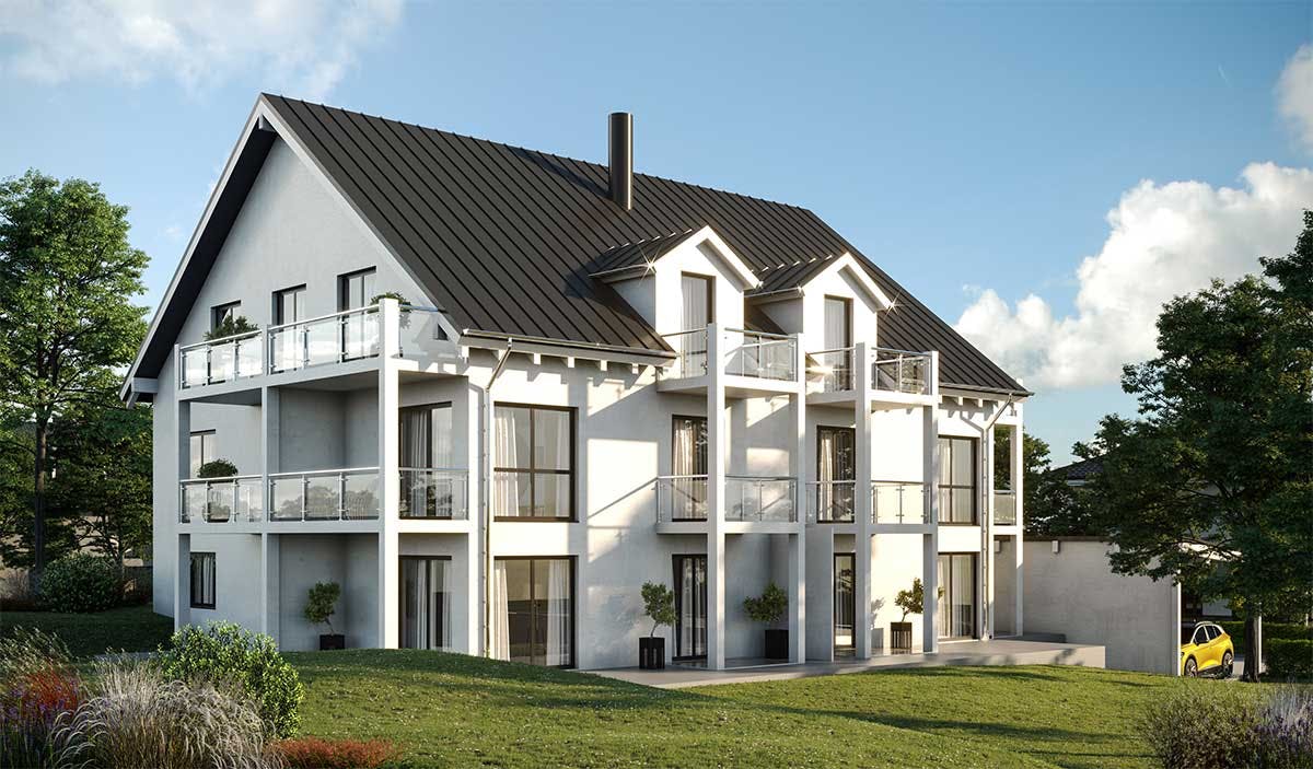 3D real estate Exterior Visualization of the multi family house new building with a parking spaces and a backyard in Germany.