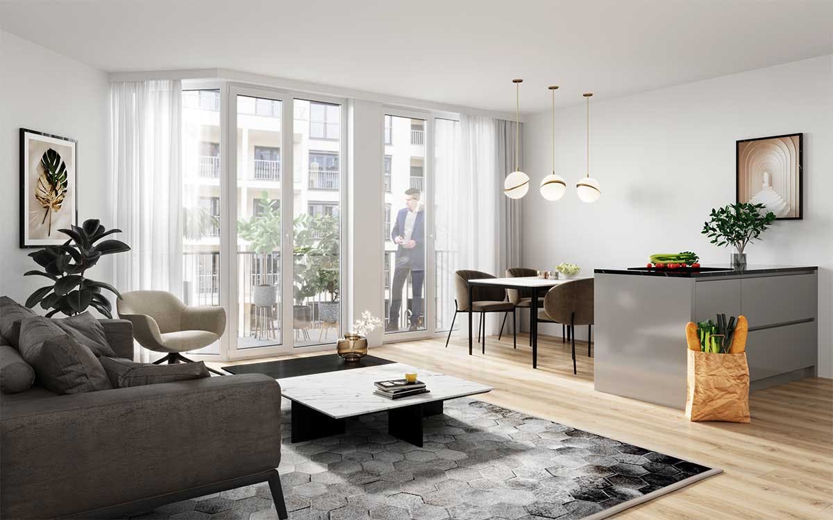3D real estate Interior Visualization with the interior design of a kitchen and living room in apartment with a balcony in Berlin, Germany.