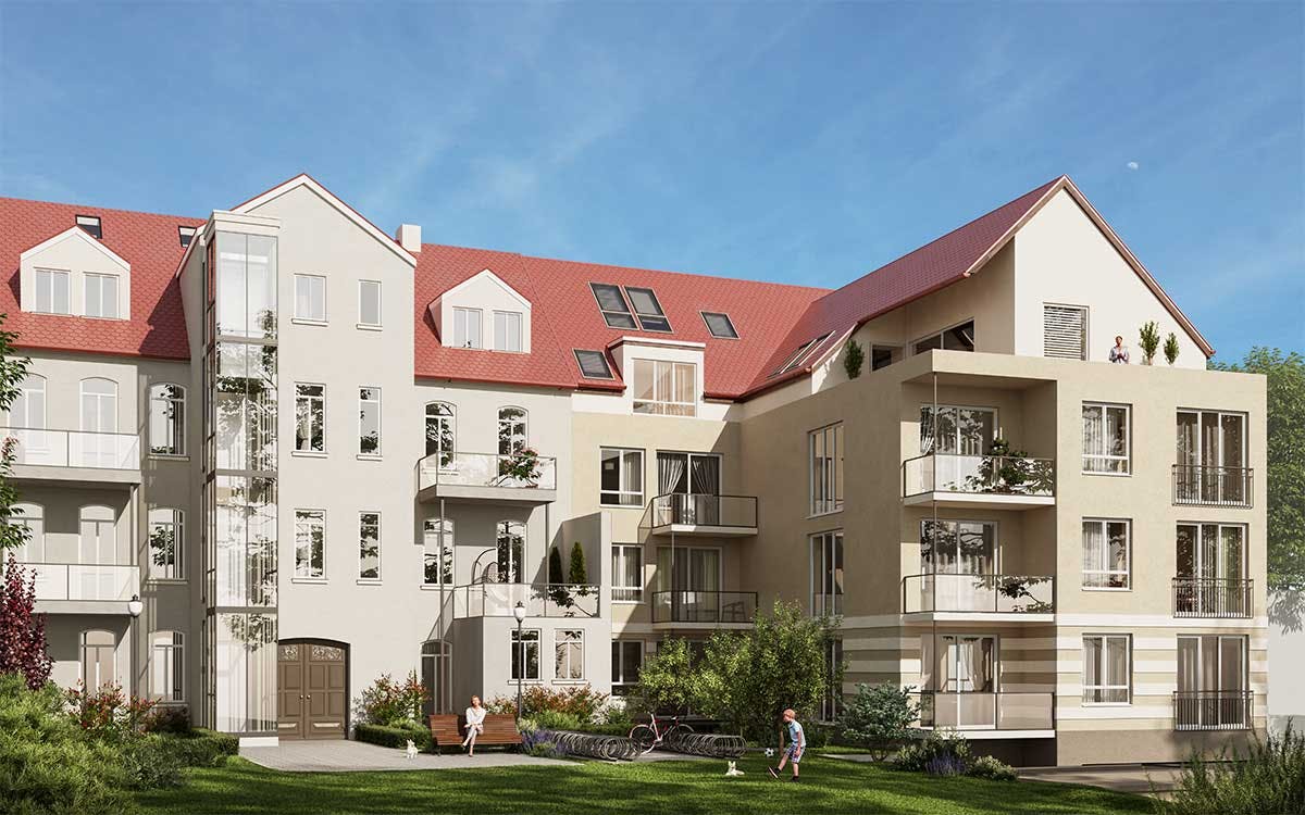 3D real estate Exterior Visualization of a multi family house with a big backyard and bycicle parking in Köln.