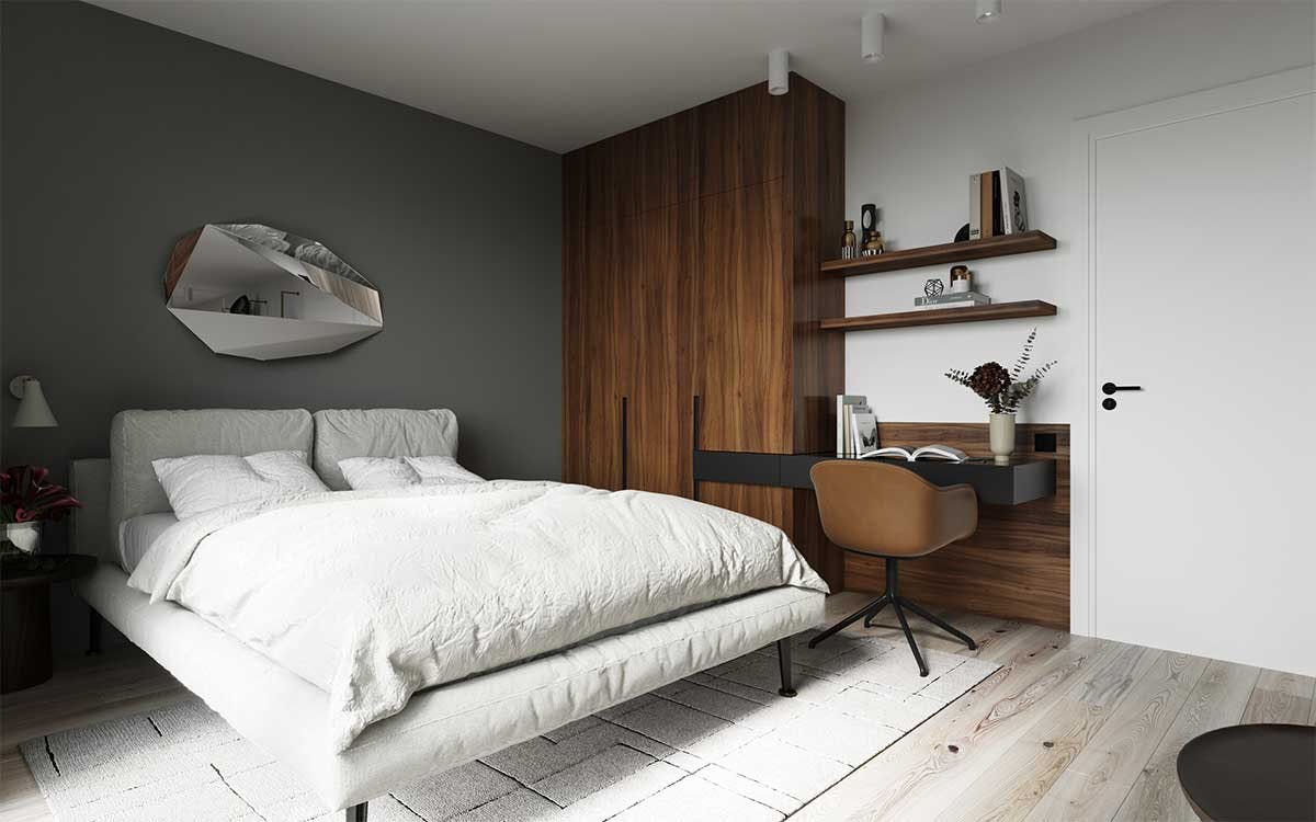 3D Interior Visualization with the interior design of a bedroom in a penthouse new building in Hamburg, Germany.