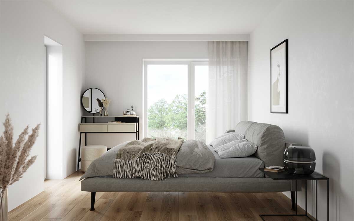 3D Interior Visualization with the design concept of a bedroom in a double house in Germany.