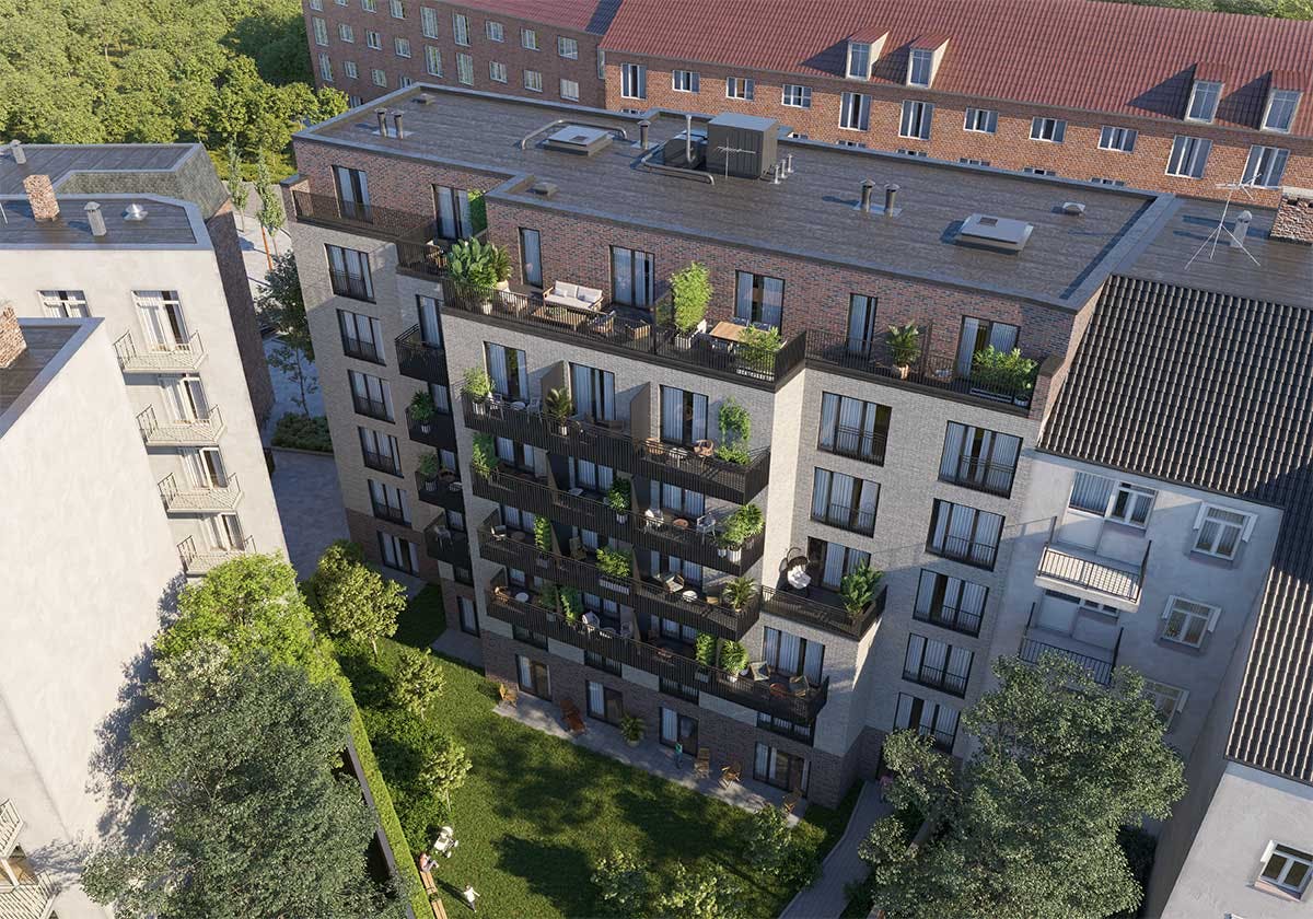 3D Real estate Visualization of the back view of new building with small apartments in Hamburg in day light.