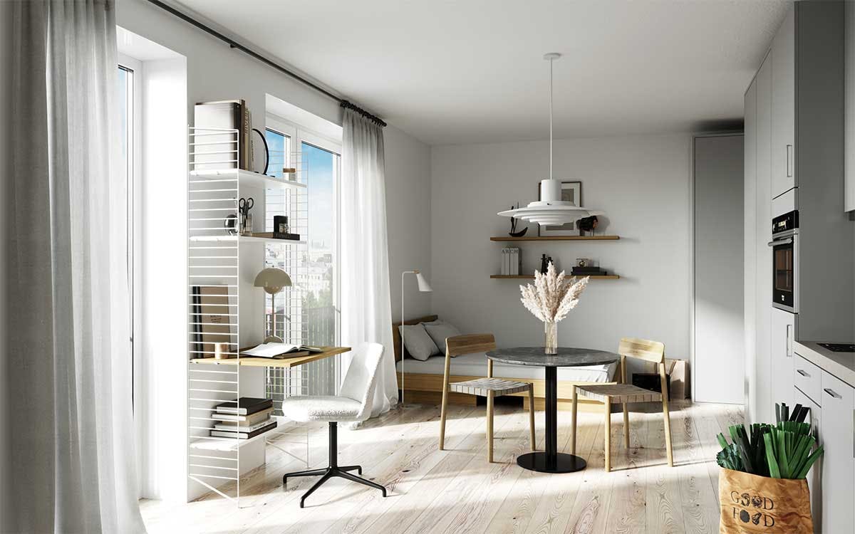 3D Visualization of the kitchen and living room in a multi-family house in Hamburg. Image 01